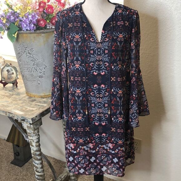 Vince Camuto Navy & Orange Block Print Long Bell Sleeve Shift Dress NWT Size2 - Picture 1 of 9